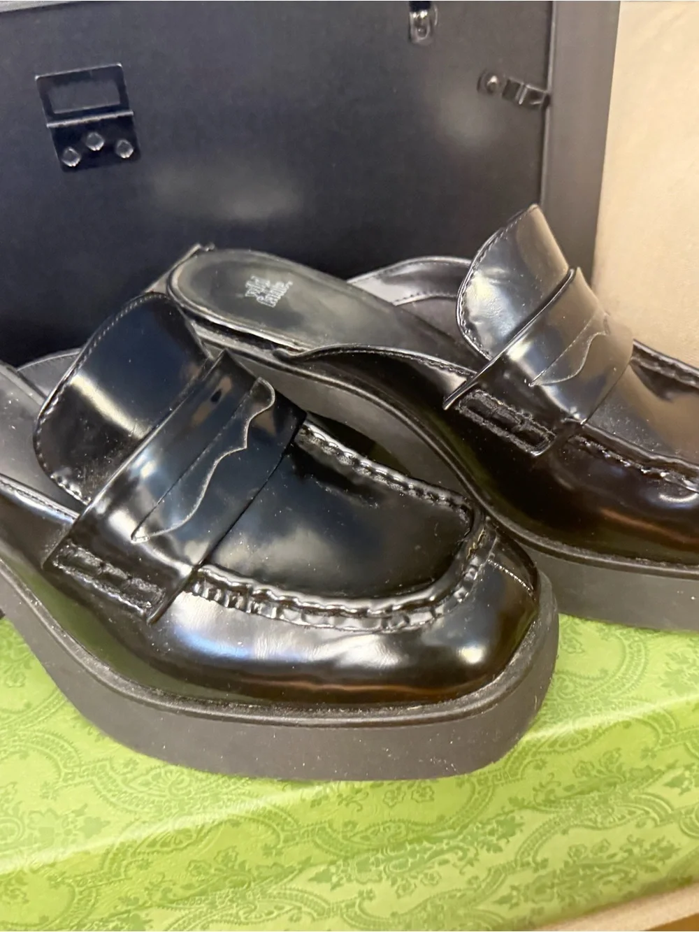 Black Leather Women Mule Penny Loafers -